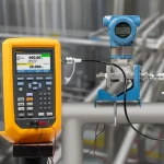 Portable digital calibration meter (yellow) connected to a blue industrial valve on a pipe, used to simulate signals and measure process pressure/current.