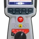 Handheld Megger EVT100 insulation/voltage tester with 1000V display, multiple buttons, and a rotary selector dial.