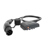 Electric charging cable with a round multi-pin connector on the left and a gray EVX100 control unit on the right, for charging devices