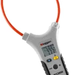 Handheld Megger insulation tester with red test lead forming a loop and digital display showing readings