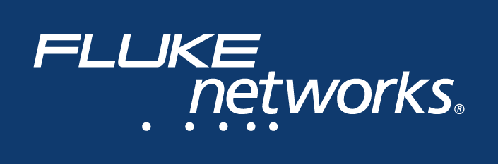 Fluke Networks logo on dark blue background with white 'Fluke' and 'networks' text and four white dots below.