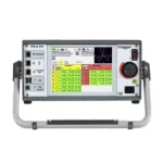 Portable Megger electrical test device on a stand, showing a color-coded data table on the display.