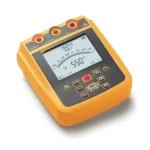 Yellow handheld insulation tester with a large digital screen displaying '550' and orange buttons on a black control panel on top.