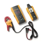Fluke electrical testing kit with two yellow handheld meters and a red clamp meter connected by test leads for measurements.
