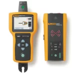 Pair of Fluke cable tracing tools: a handheld receiver with screen and keypad on the left, and a compact transmitter with signal LEDs on the right.