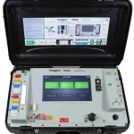 Portable Megger TAU3 insulation tester in an open rugged case with a touchscreen display and control panel visible inside the lid