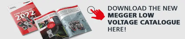Banner promoting Megger Low Voltage Catalogue download with images of catalogs and a red download hand icon.